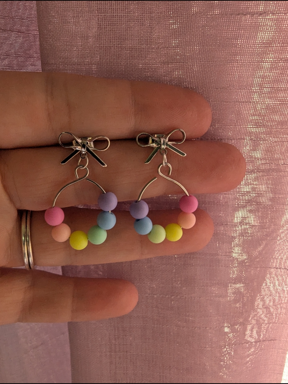 Pastel Rainbow Beaded Bow Drop Earrings